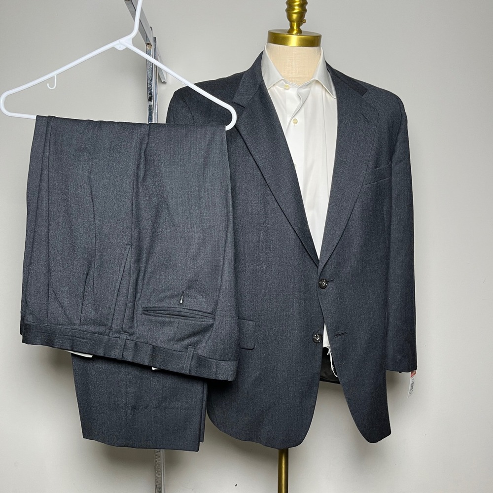 Kuppenheimer‎ Suit Mens 44R 38W Charcoal Gray Solid Wool 2-Button Vintage USA
